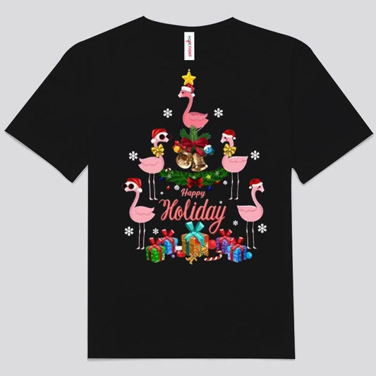 Camisetas de flamencos con felices fiestas navideñas