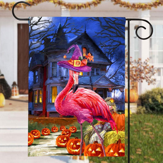 Bandera para casa y jardín con flamenco rosa de Halloween