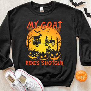 Sudadera con capucha y camiseta de Halloween con la cabra My Goat Rides Shotgun