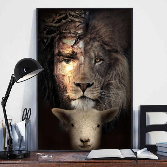 Póster de Jesús, el león y el cordero, lienzo