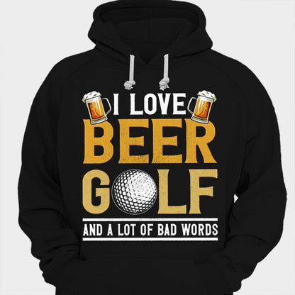 Camisetas con el mensaje "Amo la cerveza, el golf y muchas malas palabras"