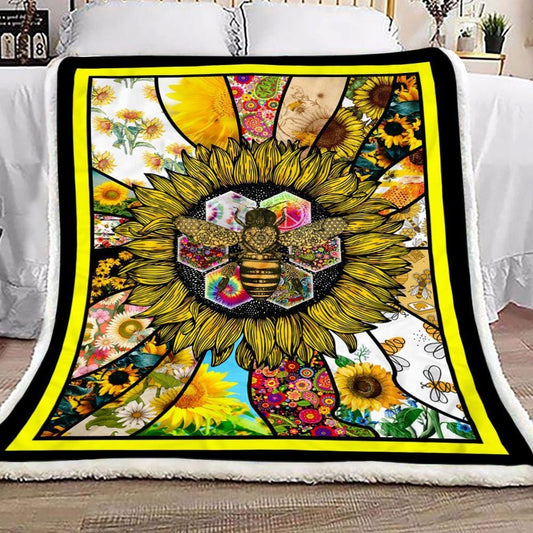 Manta hippie de polar y sherpa con girasoles y abejas