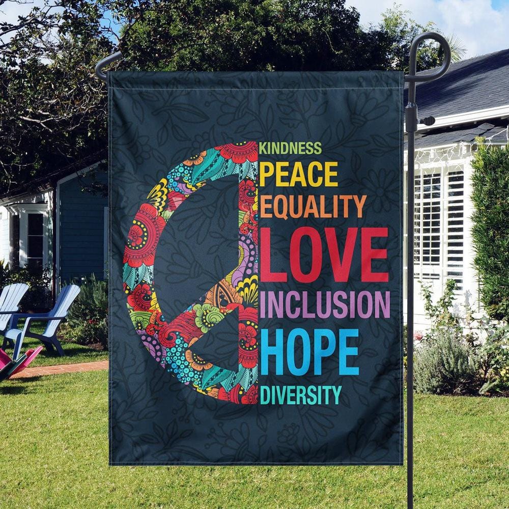 Amabilidad Paz Igualdad Amor Inclusión Esperanza Diversidad, Casa y jardín con bandera hippie