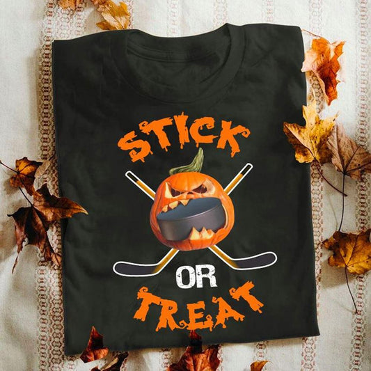 Camiseta de hockey de Halloween, palo o golosina, camisetas de hockey divertidas