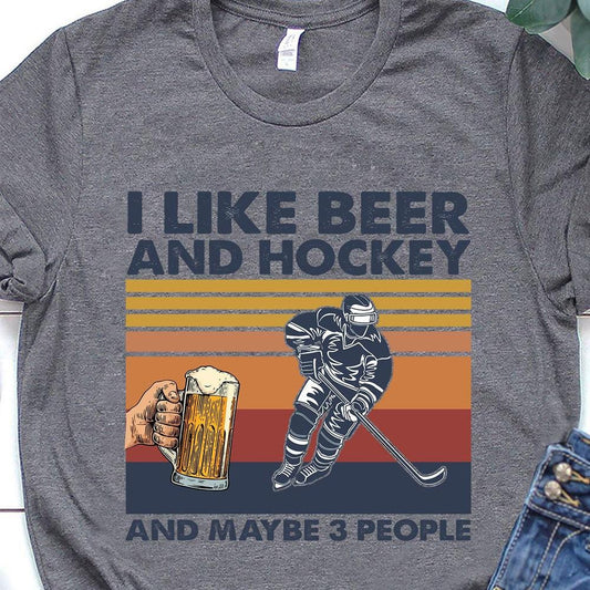 Camisetas de hockey vintage Me gusta la cerveza y el hockey Tal vez 3 personas, camisetas de hockey divertidas
