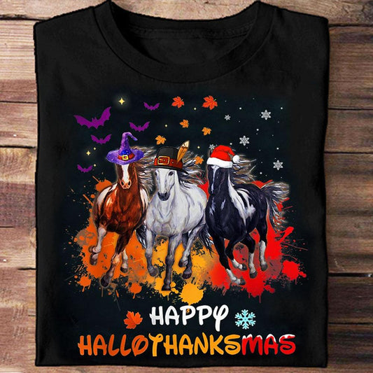 Camiseta de caballos con el mensaje "Happy Hallothanksmas"