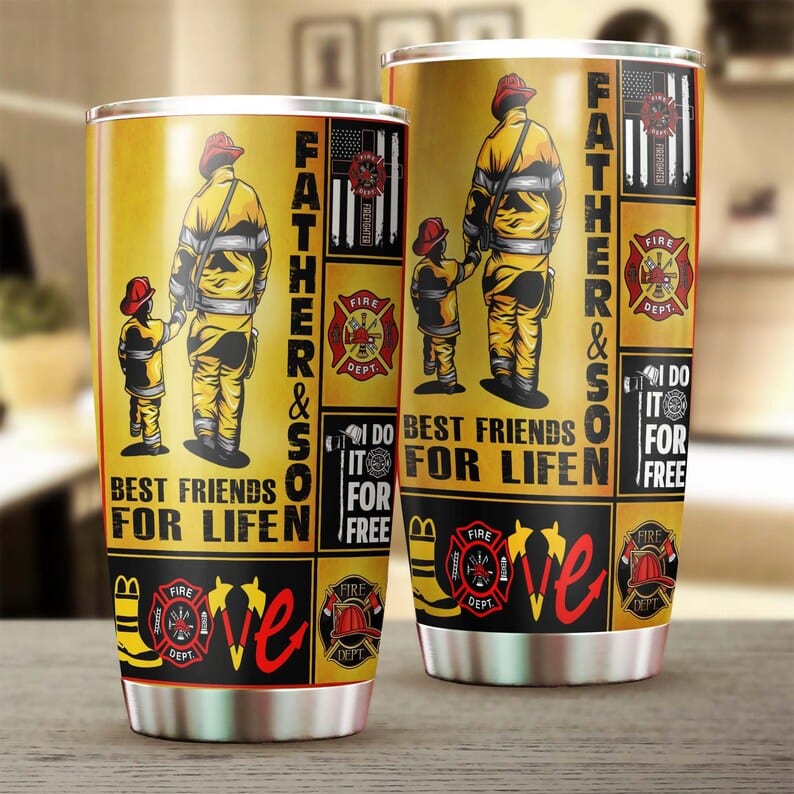 Vaso para el Día del Padre con un bombero, padre e hijo