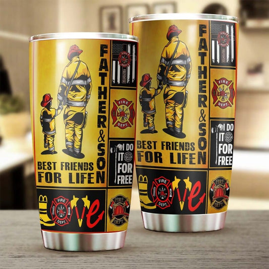 Vaso para el Día del Padre con un bombero, padre e hijo