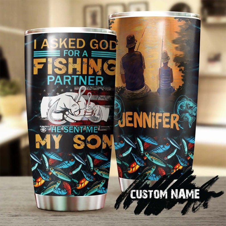 Vaso personalizado para el Día del Padre con la frase Padre e hijo como compañeros de pesca