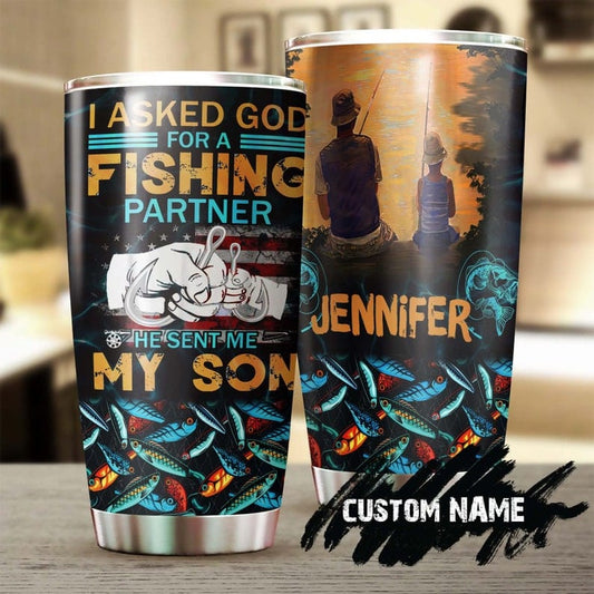 Vaso personalizado para el Día del Padre con la frase Padre e hijo como compañeros de pesca