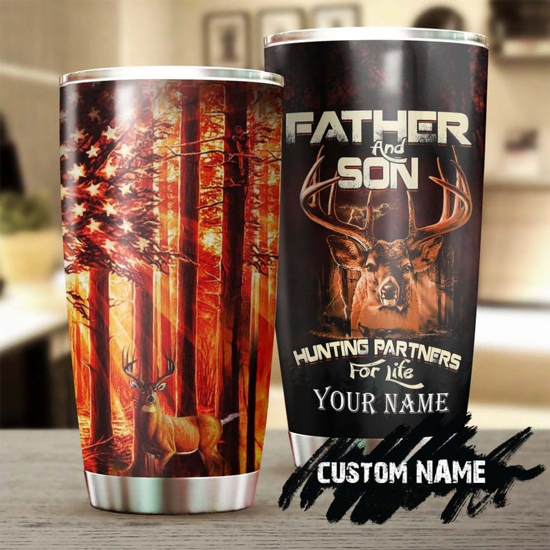 Vaso personalizado para el Día del Padre con la frase "Padre e hijo, compañeros de caza para toda la vida"