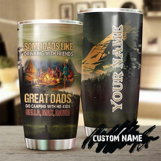 Vaso personalizado para el Día del Padre con texto en inglés "Camping Dad"