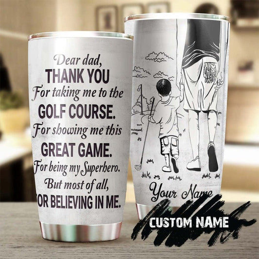 Vaso personalizado para el Día del Padre con texto "Gracias por creer en mí", para papá e hijo golfistas