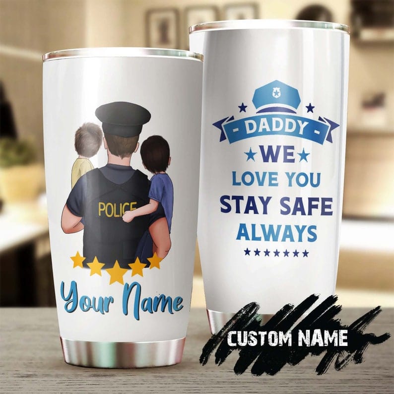 Vaso personalizado para el Día del Padre con el texto "Papá policía, te queremos, mantente a salvo"
