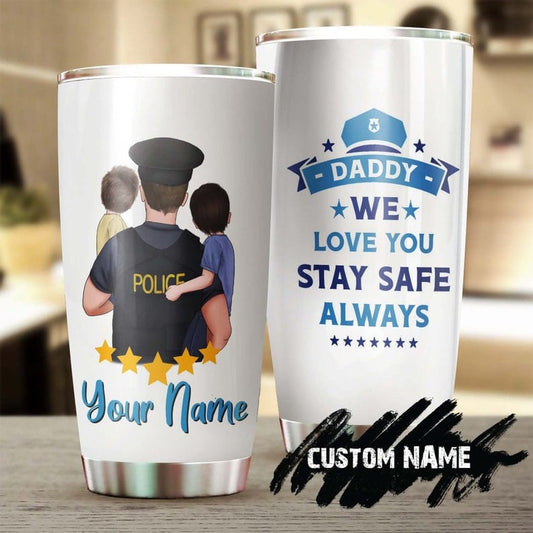Vaso personalizado para el Día del Padre con el texto "Papá policía, te queremos, mantente a salvo"