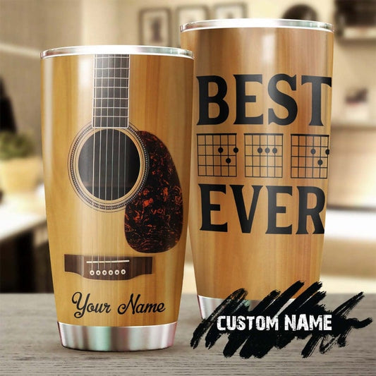 Vaso personalizado para el día del padre con el texto "El mejor papá del mundo" y guitarra