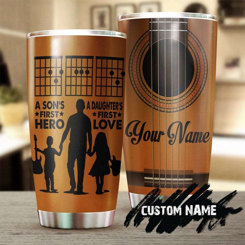 Vaso personalizado para el día del padre con diseño de guitarra