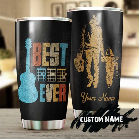 Vaso personalizado para el día del padre con el texto "El mejor papá del mundo" y guitarra