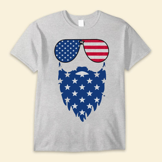 Camisetas del Día de la Independencia con hombre barbudo patriótico y gafas de sol