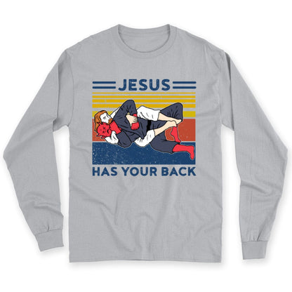 Camisetas vintage de Jiu Jitsu con el mensaje "Jesús te respalda"