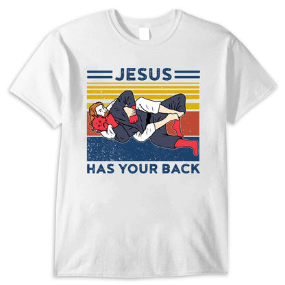 Camisetas vintage de Jiu Jitsu con el mensaje "Jesús te respalda"