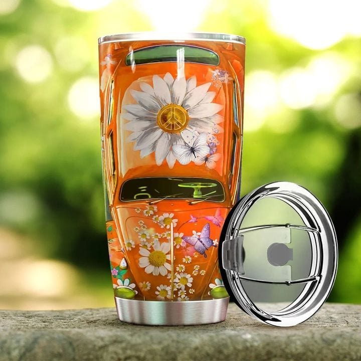 Vaso hippie con diseño de mariposas y flores