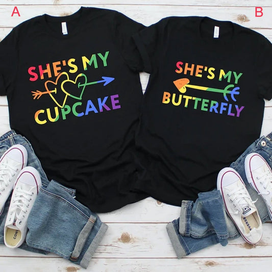 Camisetas LGBT de pareja Ella es mi cupcake Ella es mi mariposa