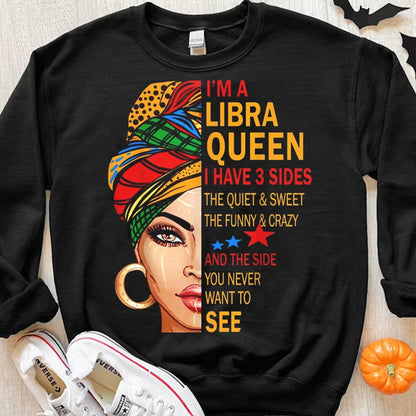 Soy una reina libra, tengo 3 lados, camisetas negras para mujer