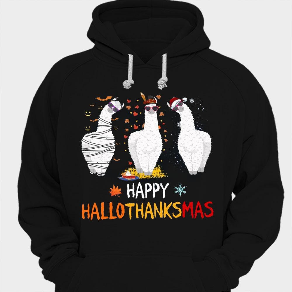 Camisetas de llamas navideñas con el mensaje "Happy Hallothanksmas"