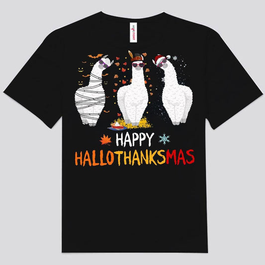Camisetas de llamas navideñas con el mensaje "Happy Hallothanksmas"