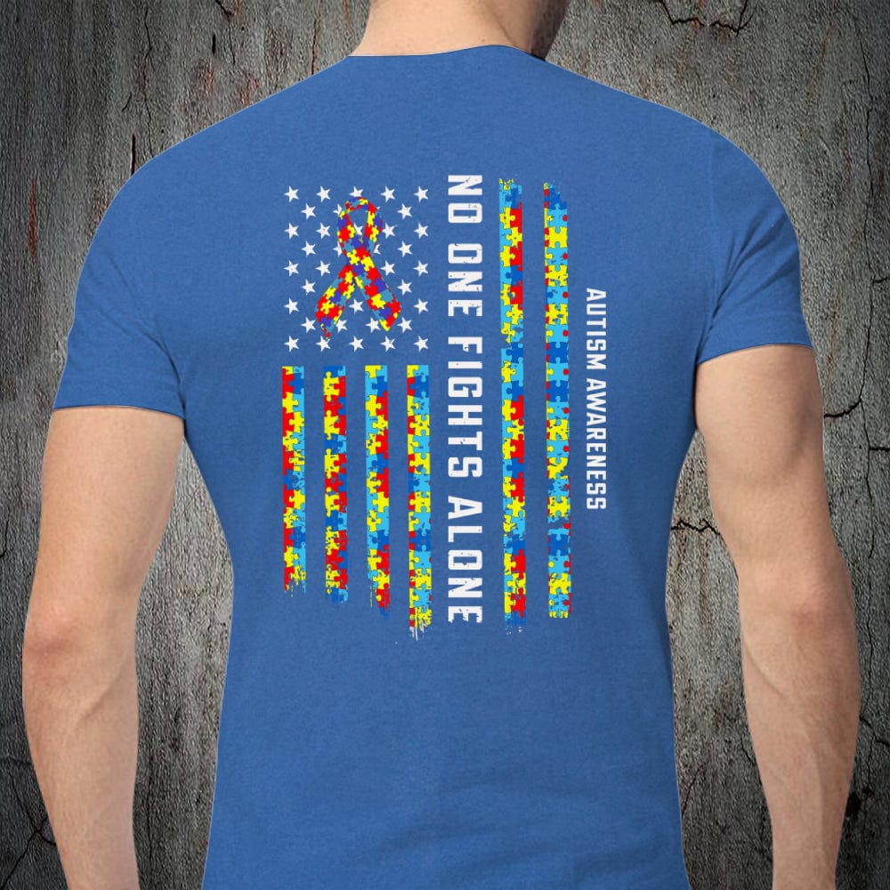 Autism Awareness Support Shirt, No One Fights Alone Ribbon American Flag