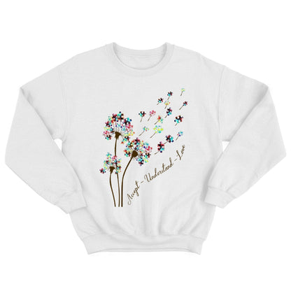 Sudadera con capucha con la frase "Acepta, entiende, ama" y "Acepta el autismo" con la pieza del rompecabezas "Diente de león"