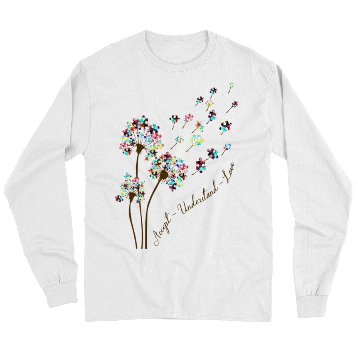 Camiseta de aceptación del autismo, aceptar, comprender, amar con la pieza del rompecabezas del diente de león