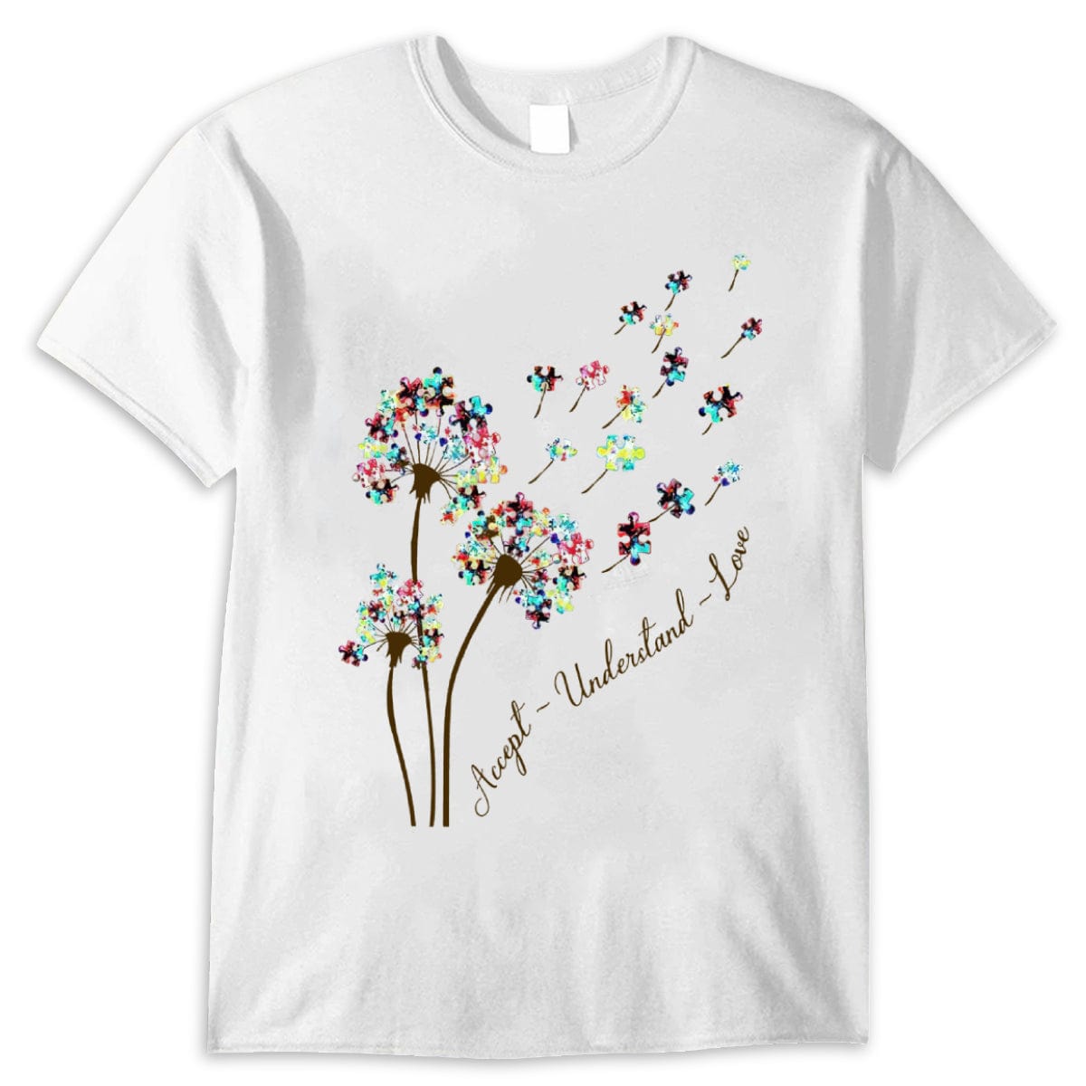 Camiseta de aceptación del autismo, aceptar, comprender, amar con la pieza del rompecabezas del diente de león