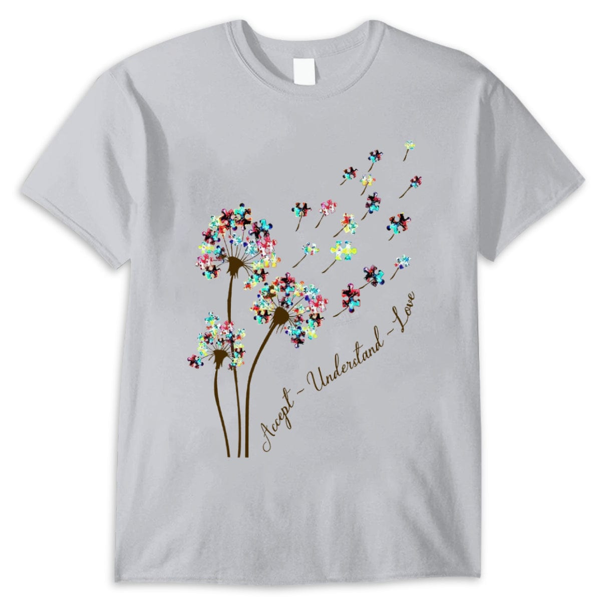 Camiseta de aceptación del autismo, aceptar, comprender, amar con la pieza del rompecabezas del diente de león
