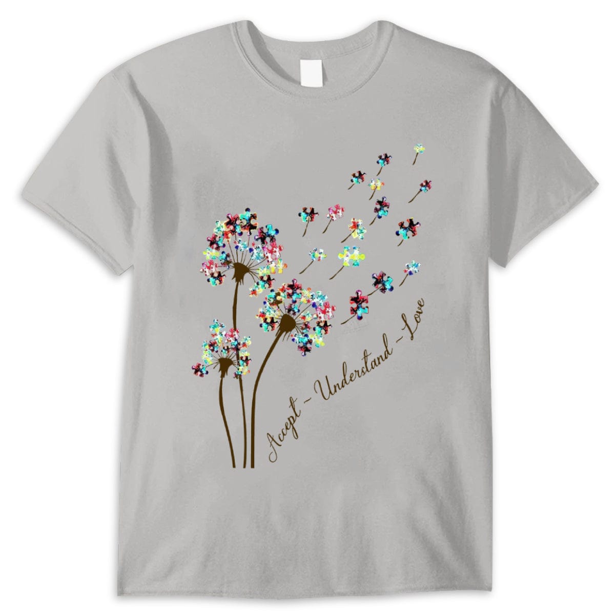 Camiseta de aceptación del autismo, aceptar, comprender, amar con la pieza del rompecabezas del diente de león
