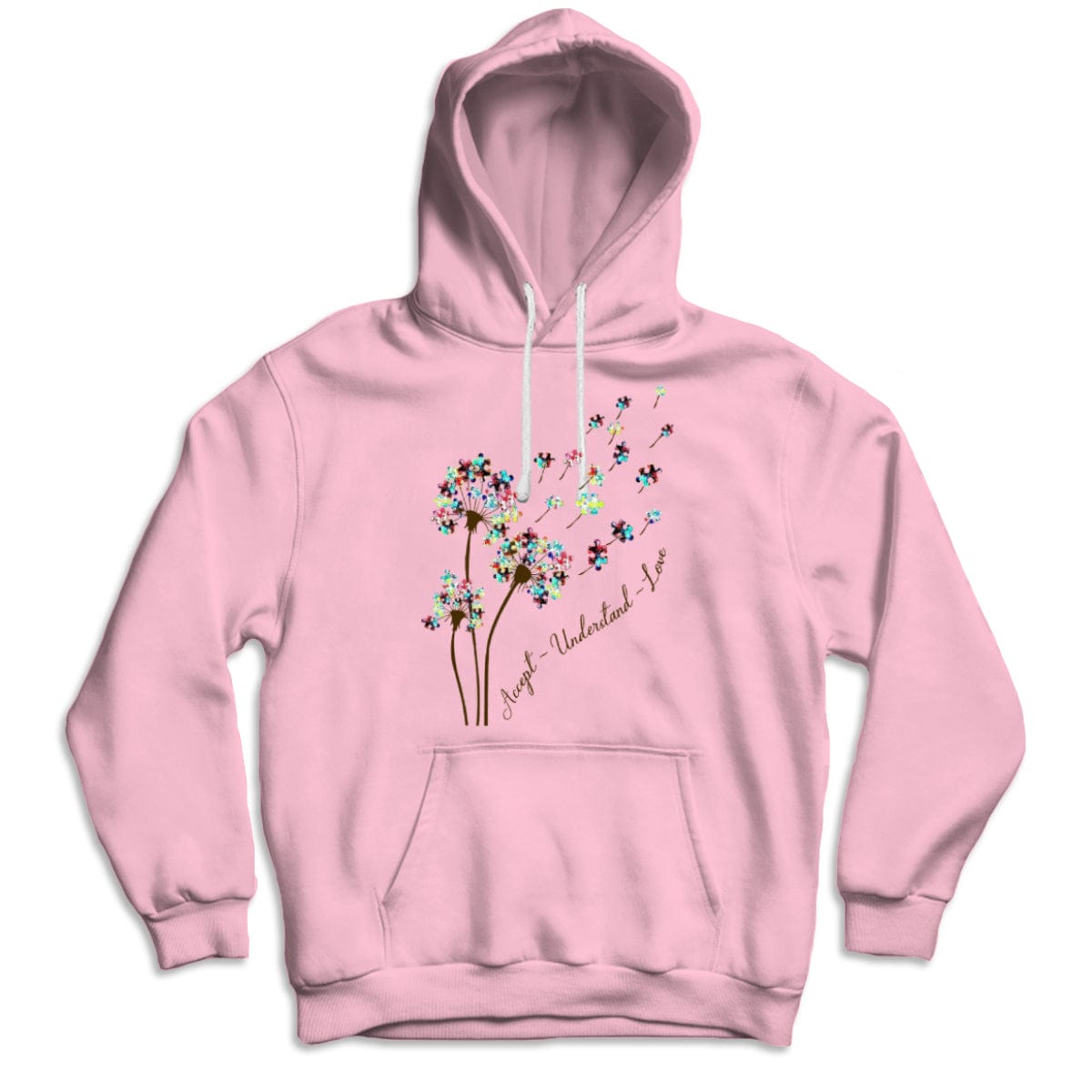 Sudadera con capucha con la frase "Acepta, entiende, ama" y "Acepta el autismo" con la pieza del rompecabezas "Diente de león"