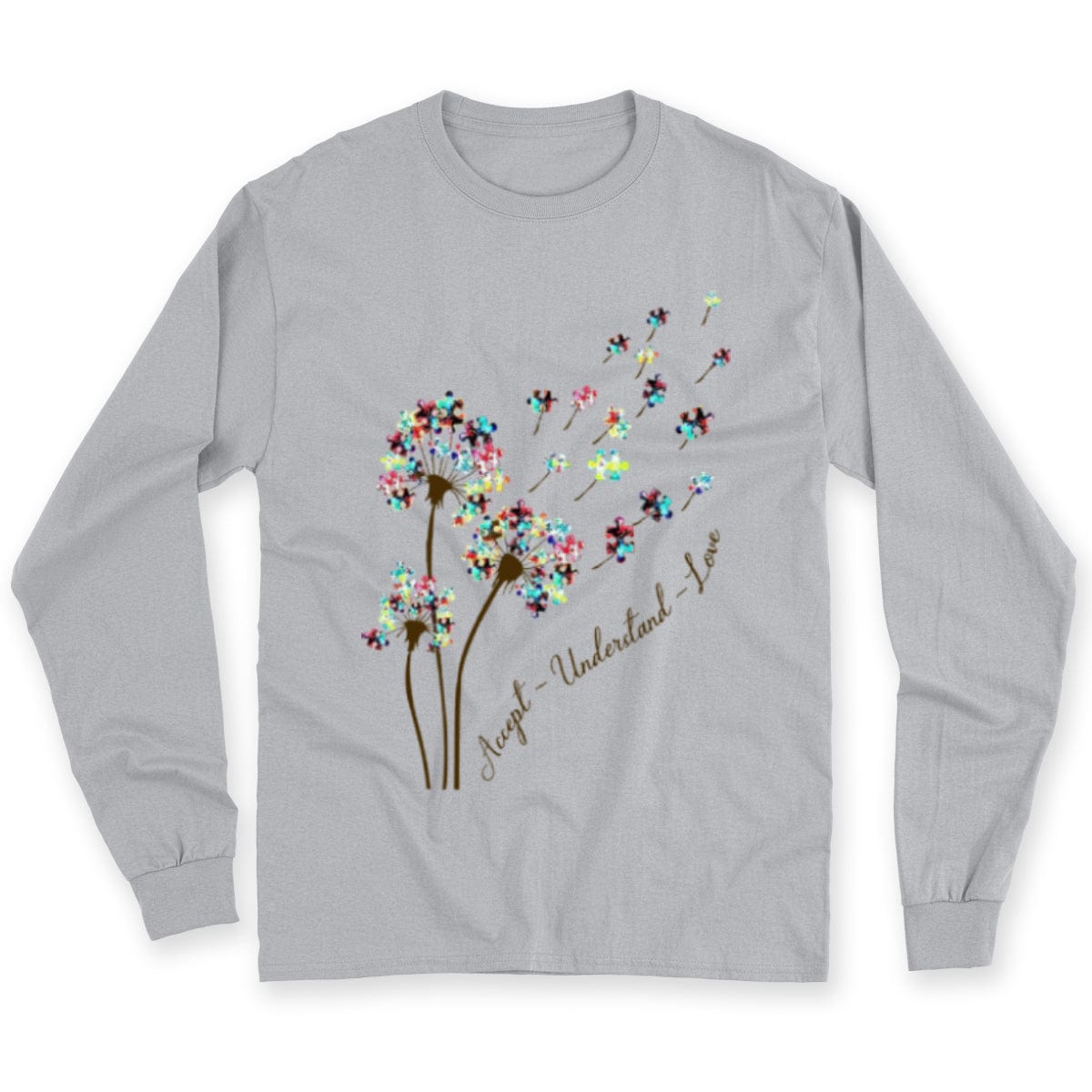Sudadera con capucha con la frase "Acepta, entiende, ama" y "Acepta el autismo" con la pieza del rompecabezas "Diente de león"
