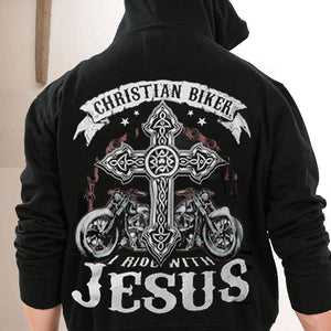 Camisetas de motociclista cristianas con la frase "I Ride With Jesus"