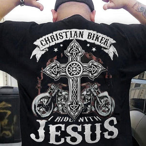 Camisetas de motociclista cristianas con la frase "I Ride With Jesus"