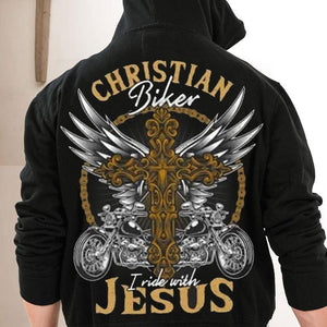 Camisetas de motociclista cristianas con la frase "I Ride With Jesus"