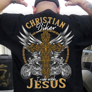 Camisetas de motociclista cristianas con la frase "I Ride With Jesus"