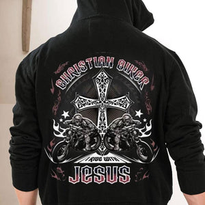 Camisetas de motociclista cristianas con la frase "I Ride With Jesus"