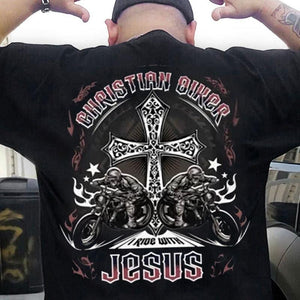 Camisetas de motociclista cristianas con la frase "I Ride With Jesus"