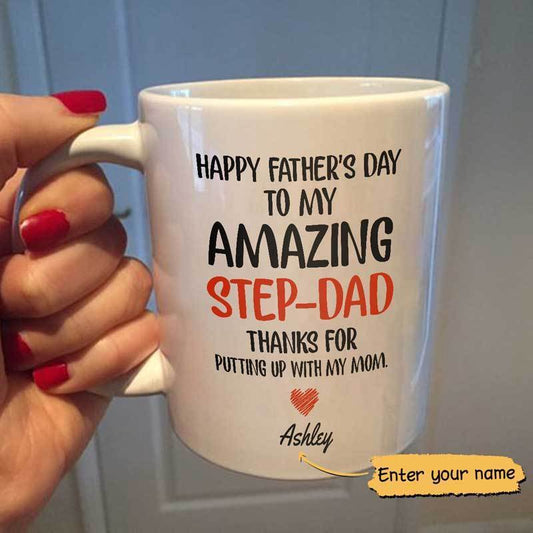 Taza personalizada para el Día del Padre con el texto "Amazing Step Dad, Bonus Dad"