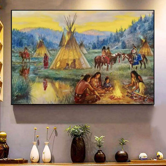 Póster de nativos americanos con pinturas de tipis, lienzo