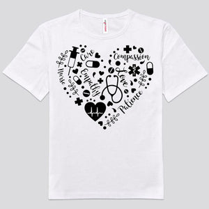 Camisetas de enfermera con corazón, amor, cuidado, empatía y paciencia