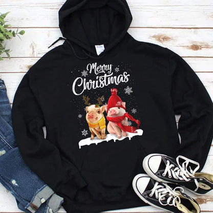 Sudadera con capucha y camisetas con el mensaje "Merry Christmas Pig"
