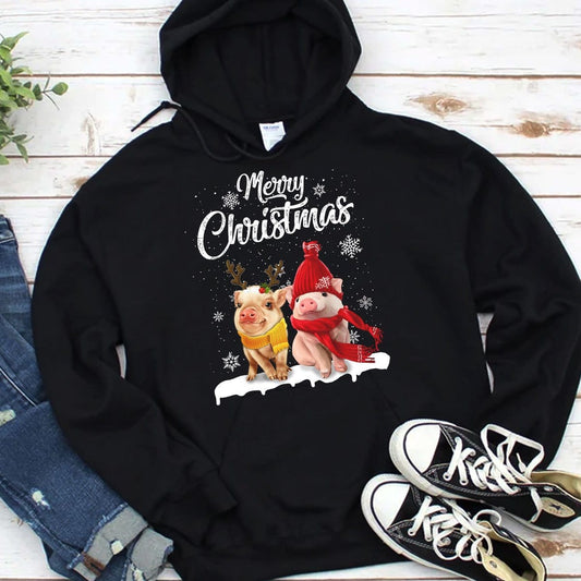 Sudadera con capucha y camisetas con el mensaje "Merry Christmas Pig"