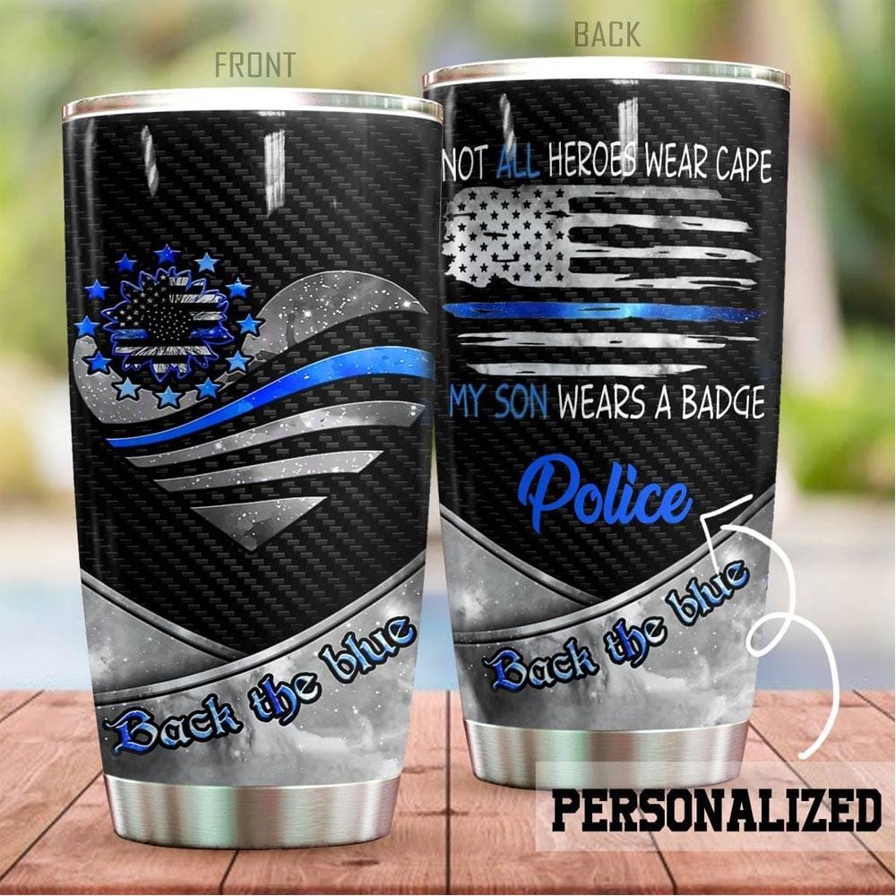 Mi hijo lleva una placa en la parte posterior, vaso de policía personalizado azul